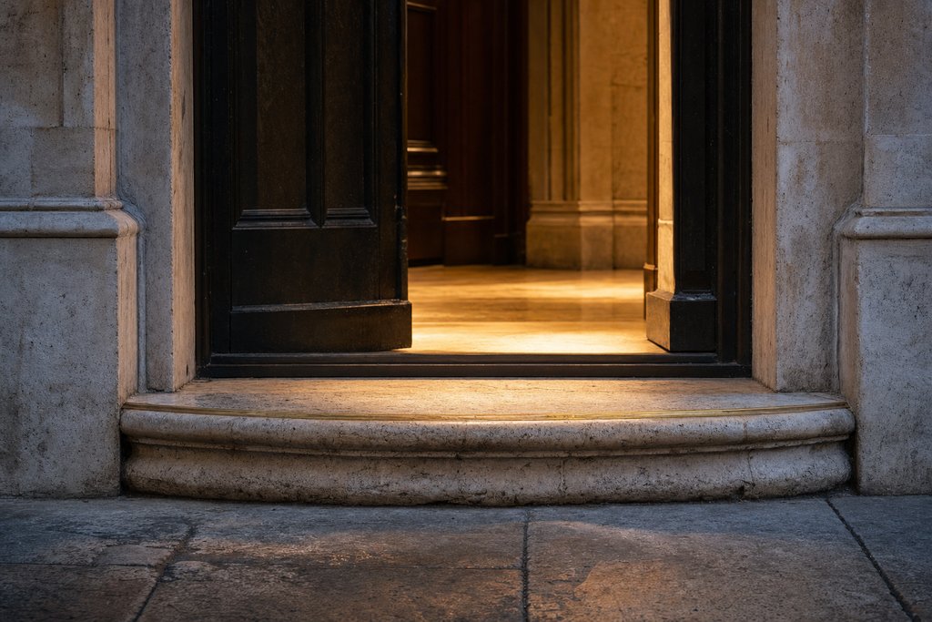 A worn stone threshold at a lit doorway, its edge dished by use, warm light spilling across it from inside