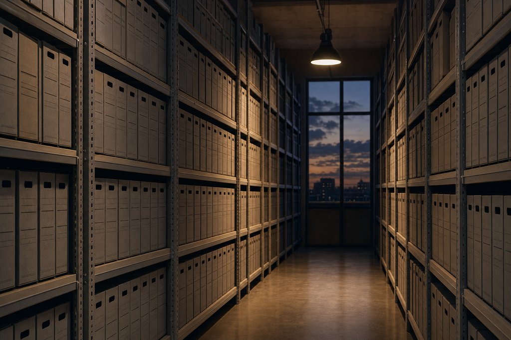 An archive aisle at dusk, tall shelves of identical box files running away from the camera under a single lamp