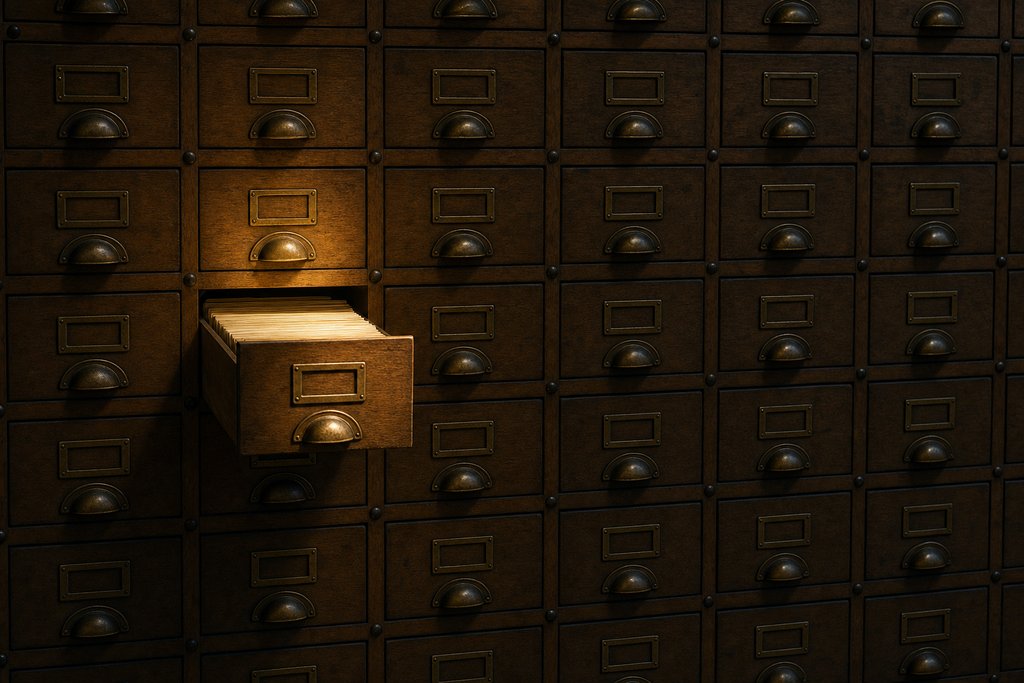 A wall of identical card-index drawers in deep shadow, one drawer pulled open and lit, its filing cards visible