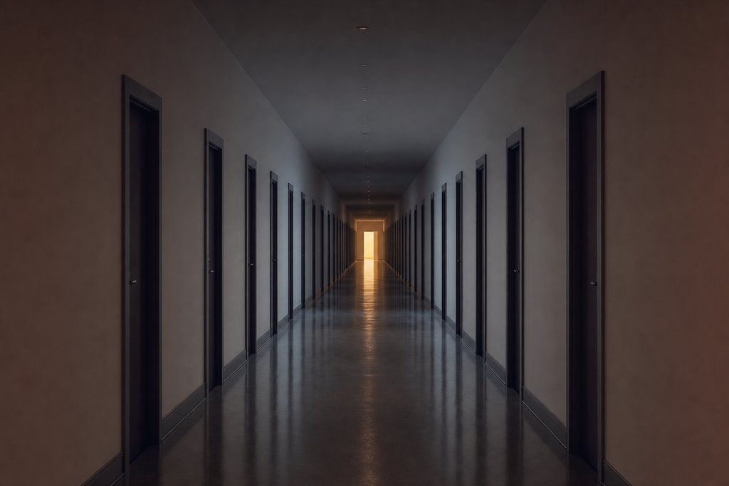 A long corridor of identical closed doors receding into the dark, one door open and lit at the far end