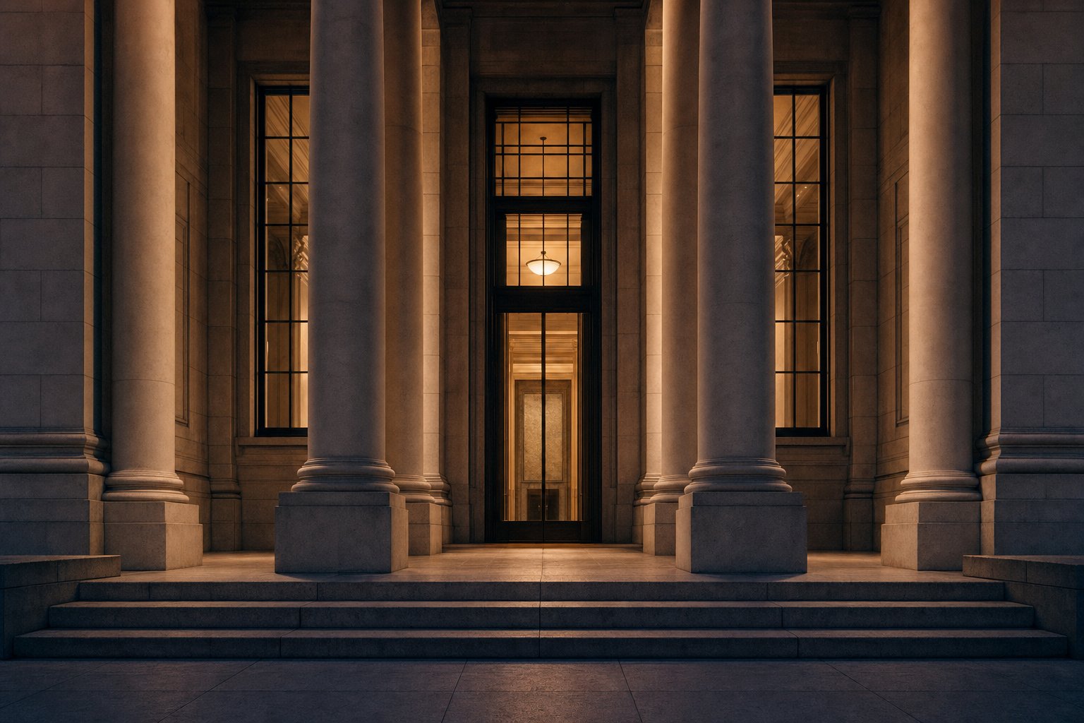 A broad flight of shallow stone steps up to a grand pillared entrance at dusk