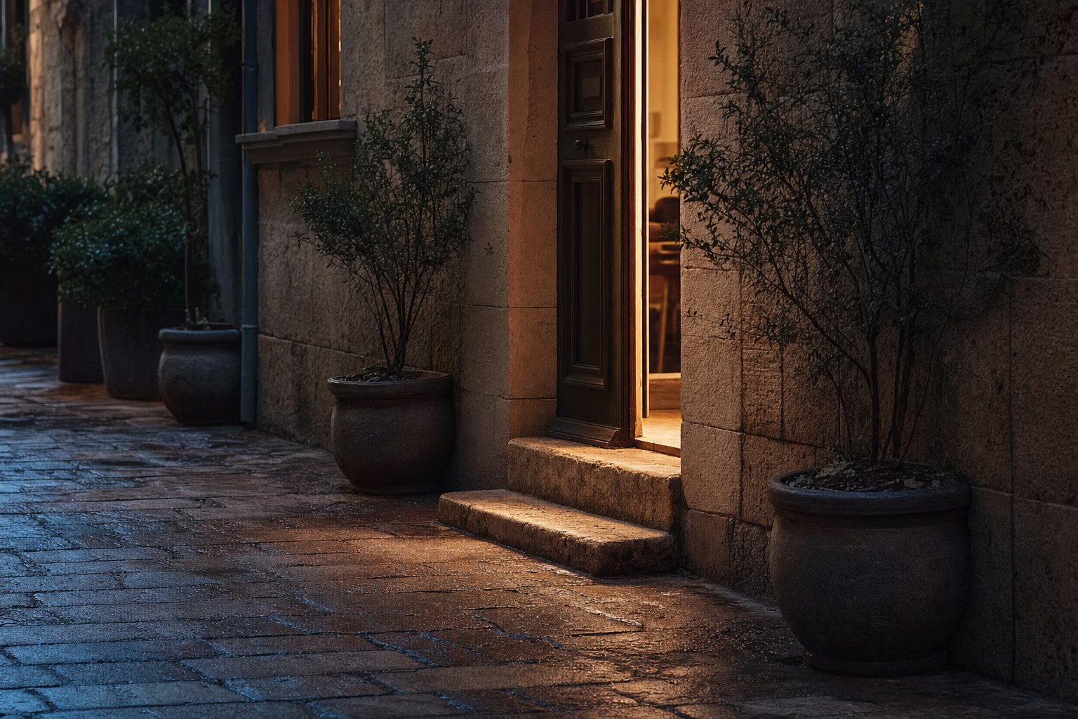 A single low worn stone step at a narrow side entrance, warm light spilling from the doorway across it