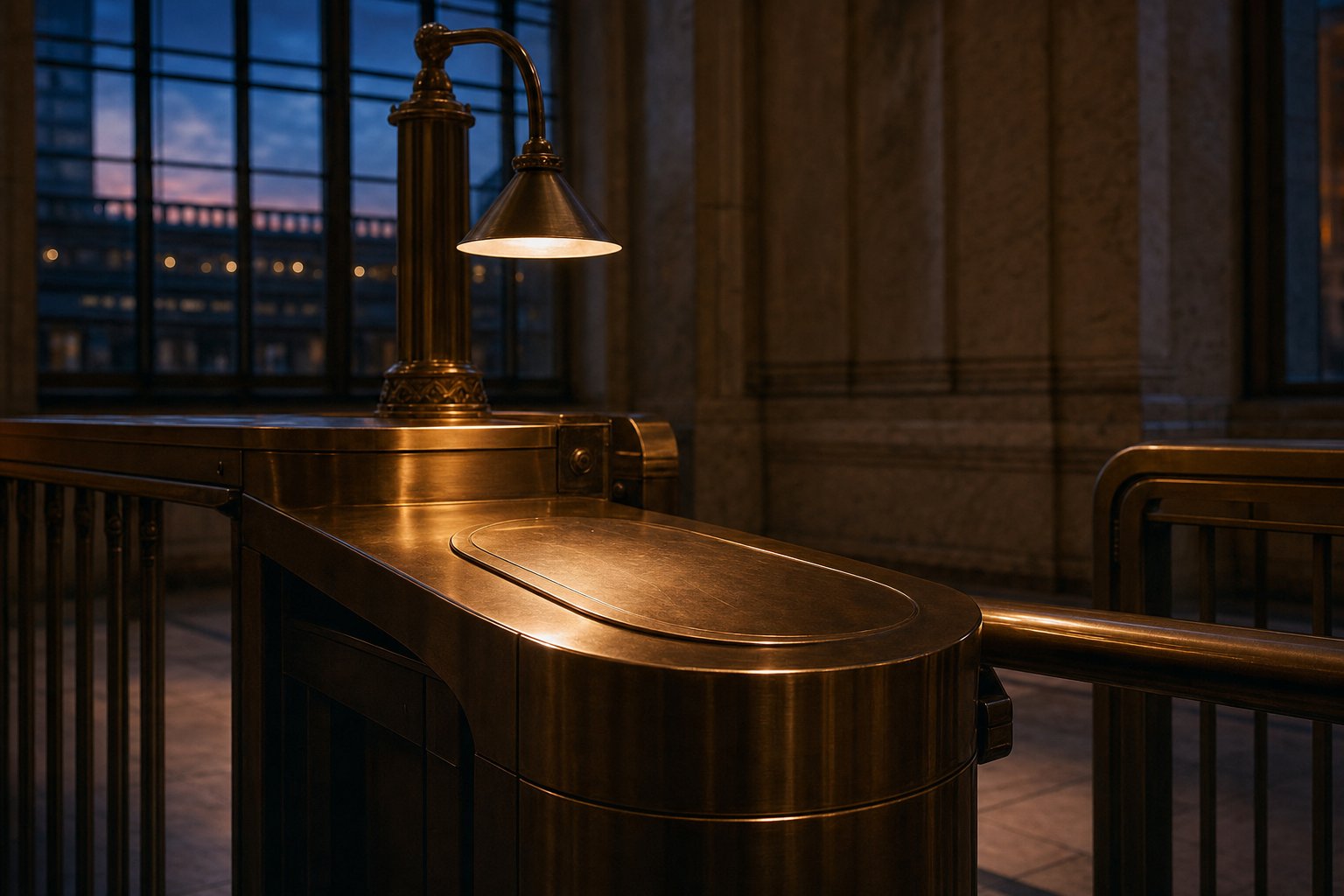 A polished brass turnstile in a station hall at dusk, close on the plate where a hand would pass