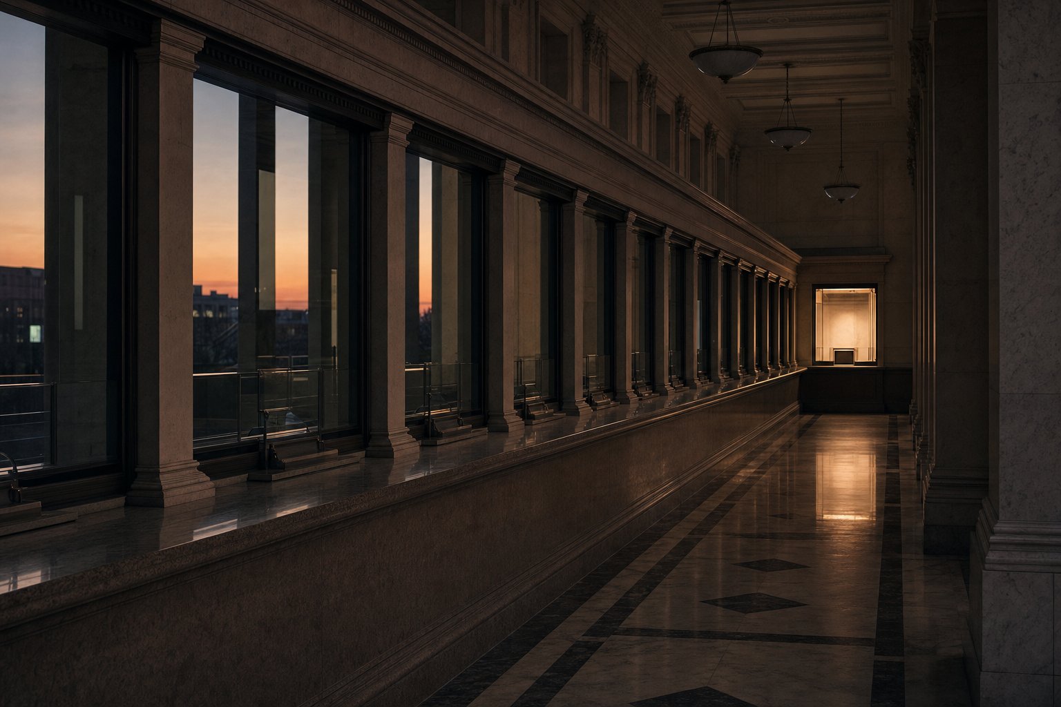 A long polished counter in a banking hall at dusk, a row of teller windows receding with only the furthest lit