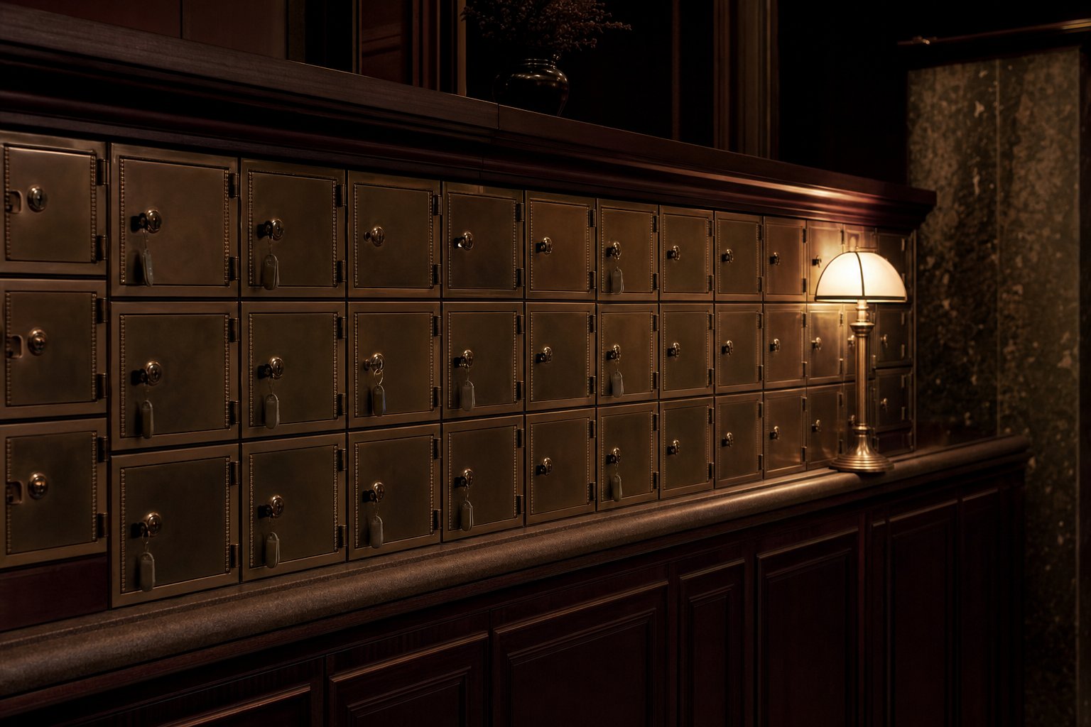 A bank of small brass lockers in a dark cloakroom, keys left in a few of the doors
