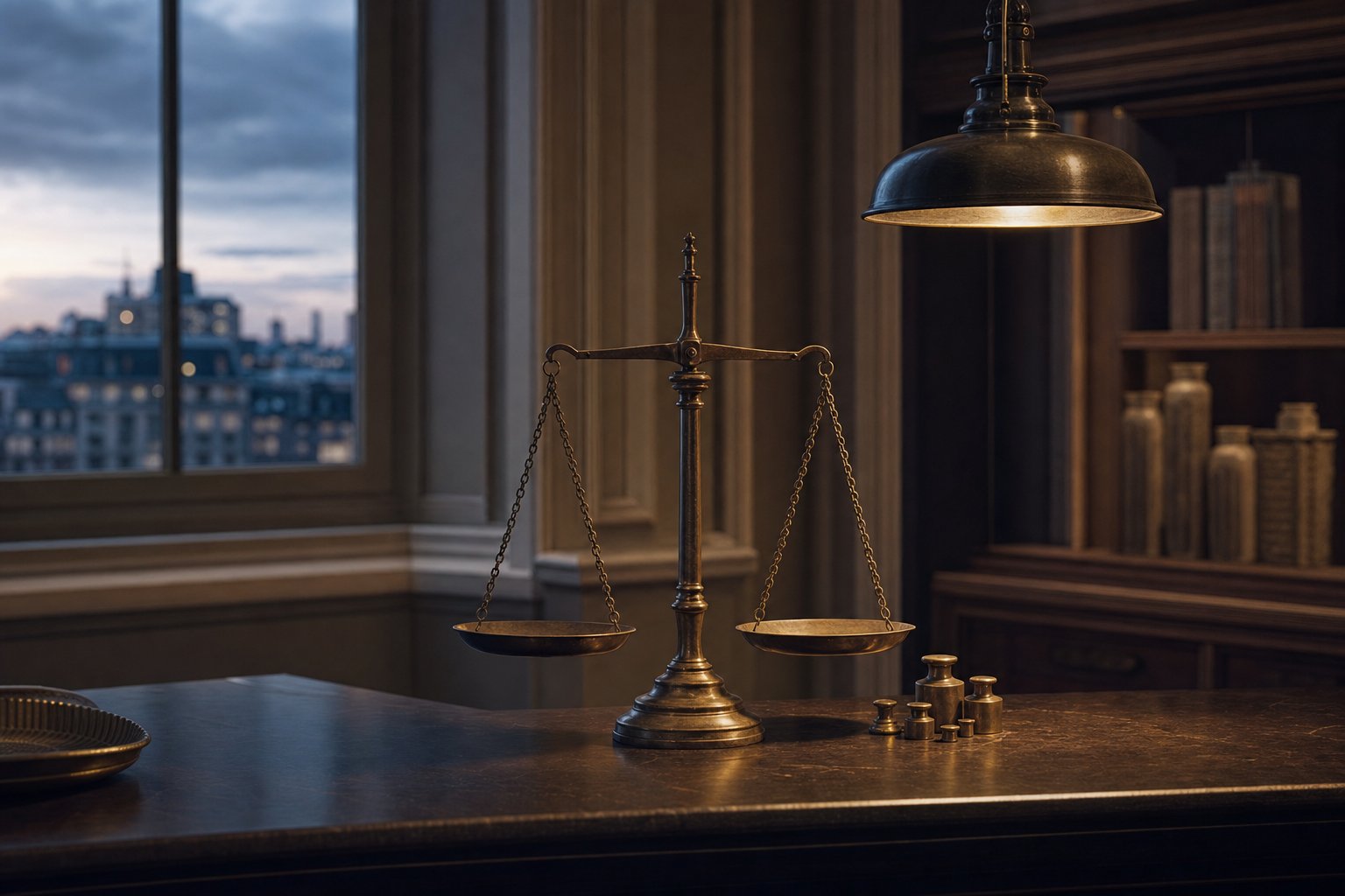 A set of brass weighing scales on a dark counter with small weights stacked beside the pan