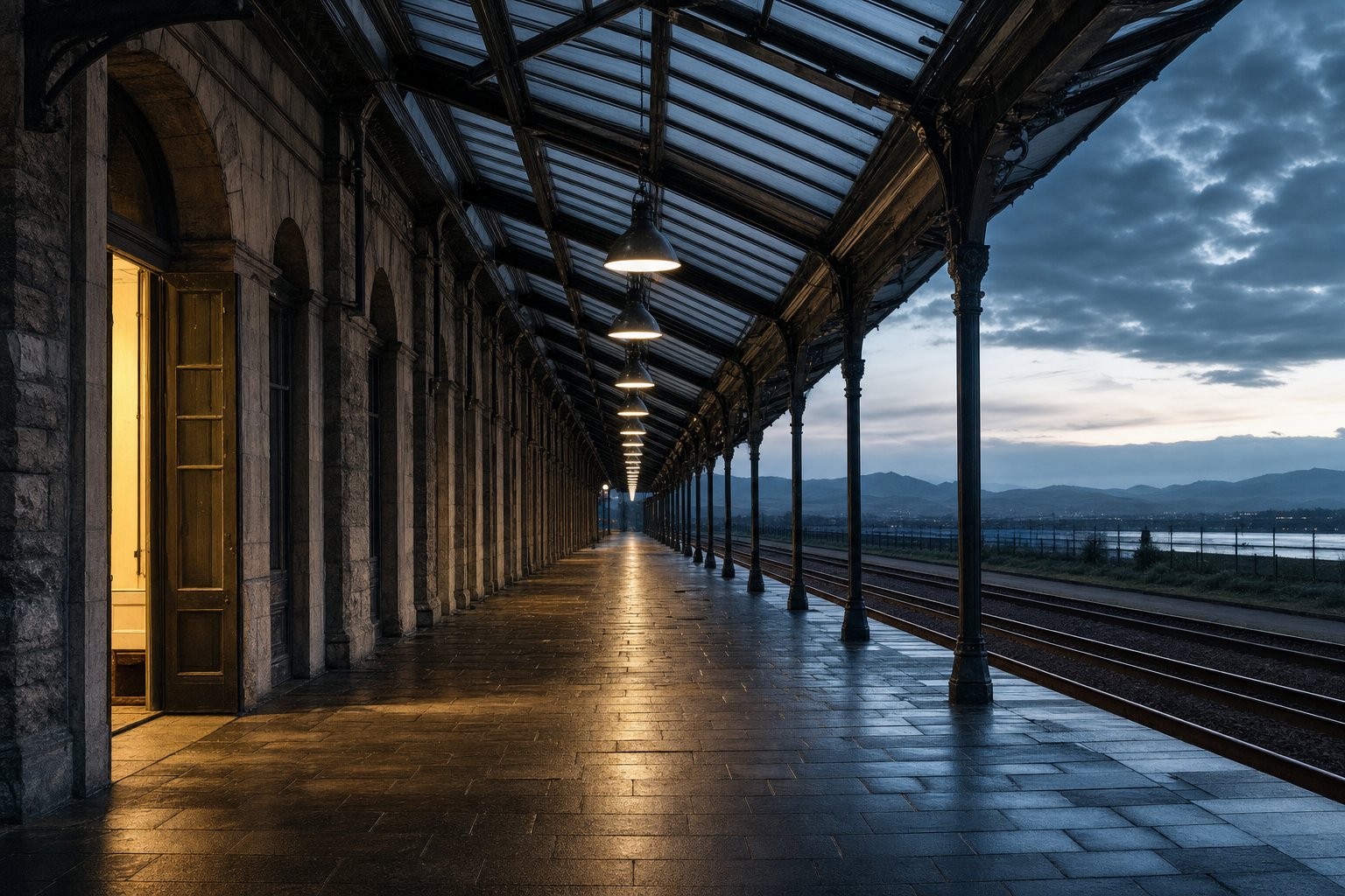 A long empty station platform at dusk under a glazed canopy, lamps receding into the distance