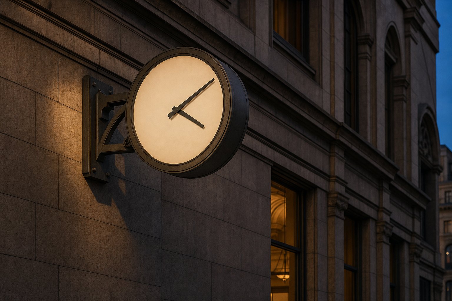 A single large station clock on a bracket against dark stone, lit warm from one side