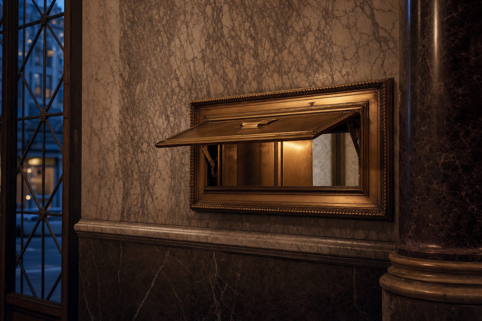 A brass letter chute set into a marble wall in an old office lobby, its hinged flap held open