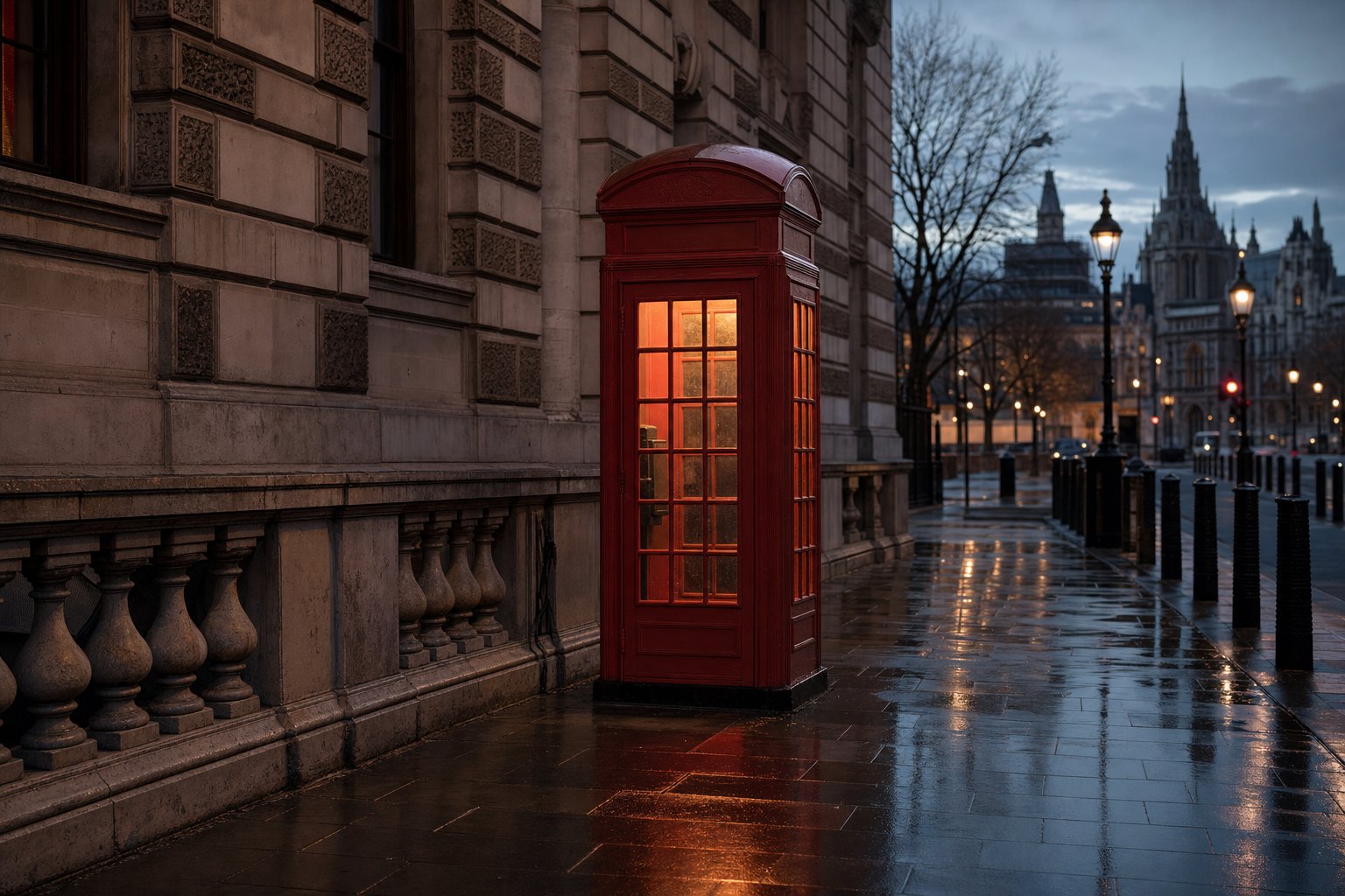 A cast-iron telephone kiosk at dusk on a wet pavement, its glazed panels lit warm from inside