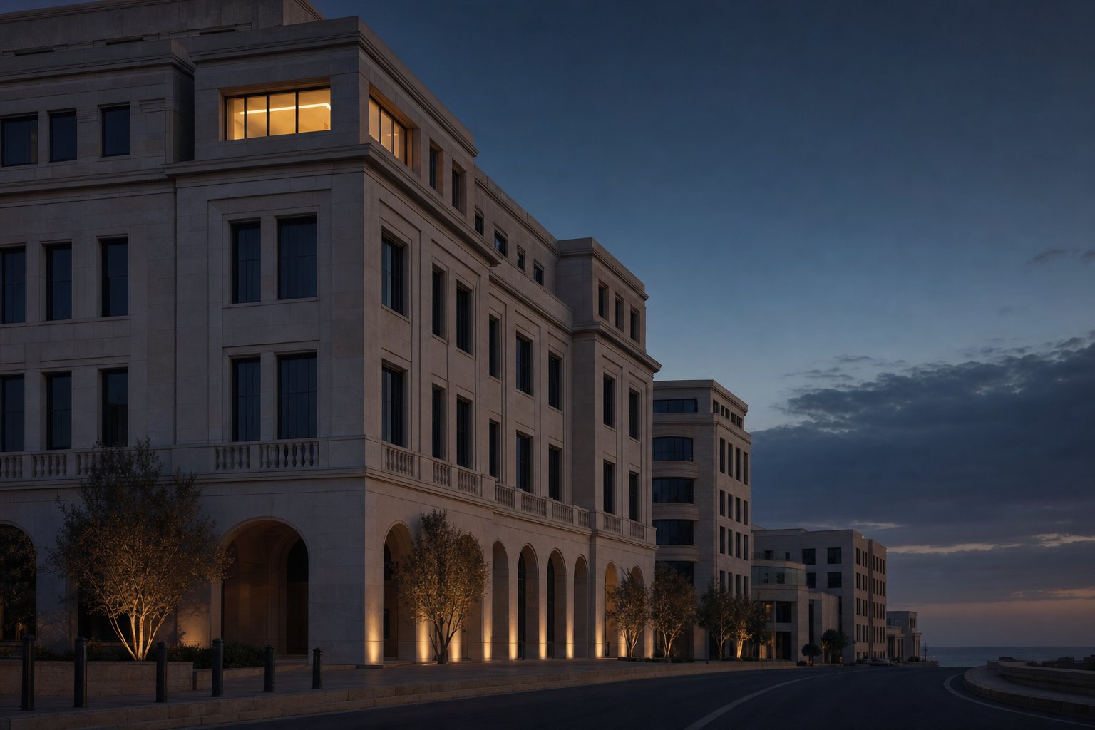 A Mediterranean corporate quarter at blue hour with one floor still lit — the kind of registered address a British casino brand actually operates from