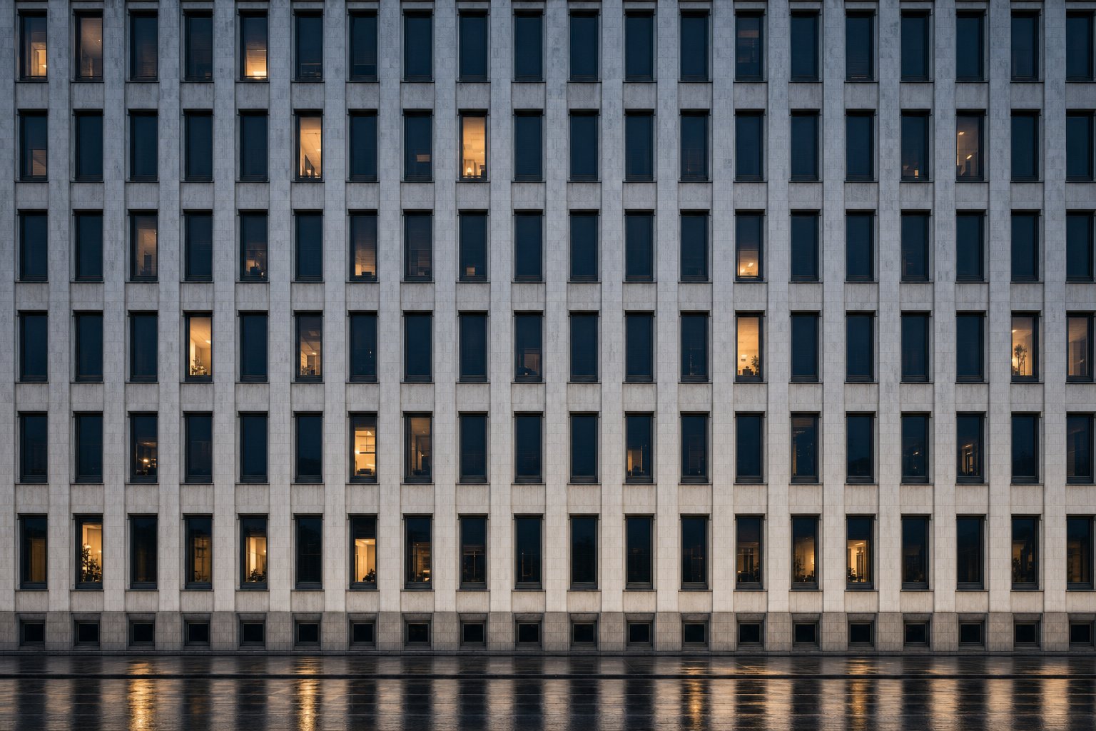 An office facade at dusk, rank upon rank of identical windows, a handful lit from within