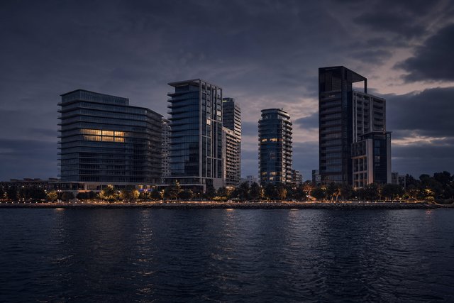Office towers on the Limassol seafront seen across dark water at blue hour
