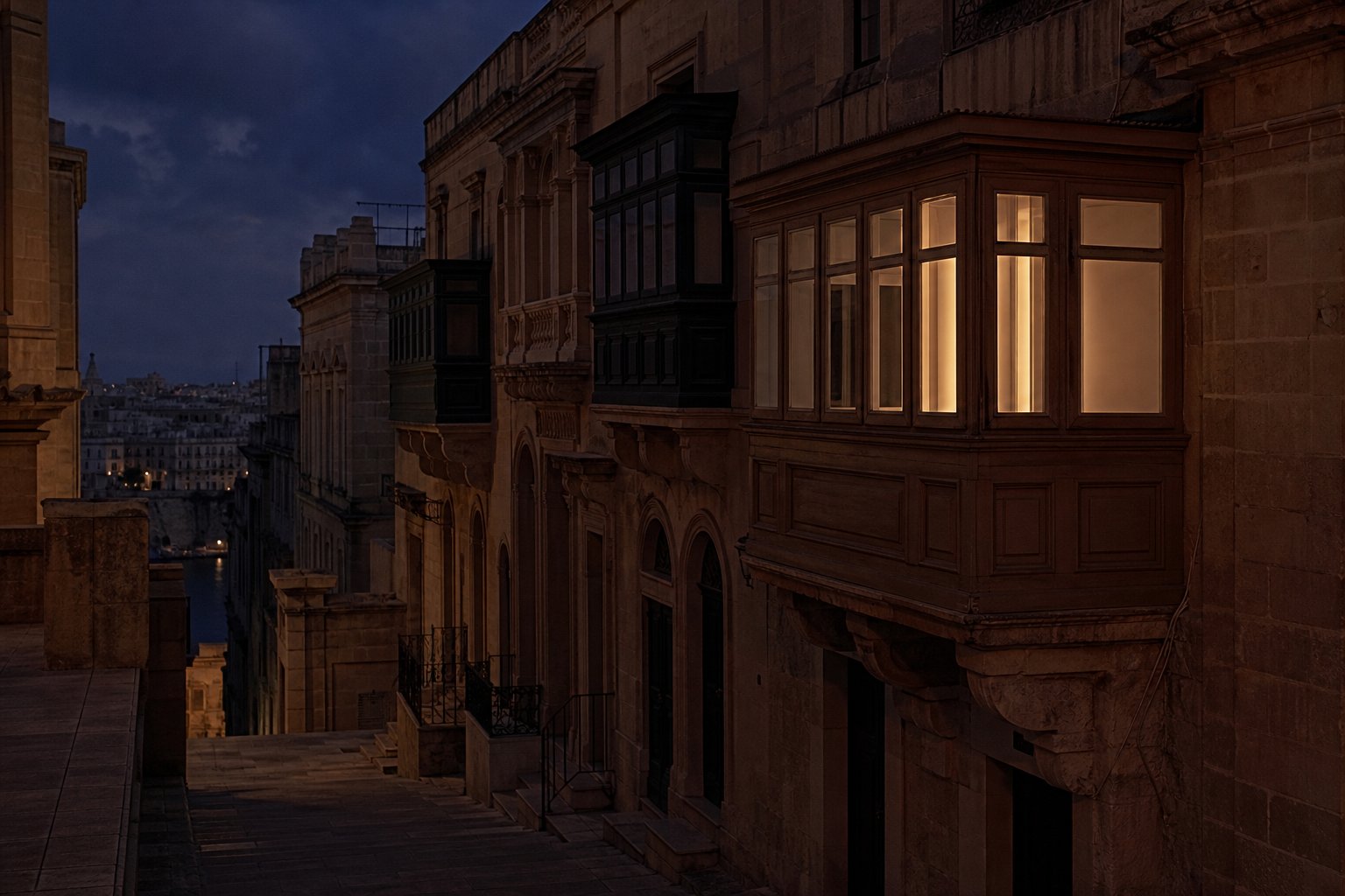 Limestone office facades in Valletta at dusk, one window lit