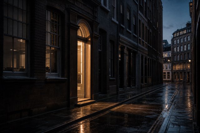 A dark brick office street in London at dusk, one doorway lit