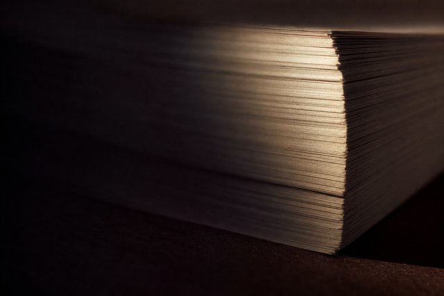 Stacked paper edges in raking light, the edge of a ledger