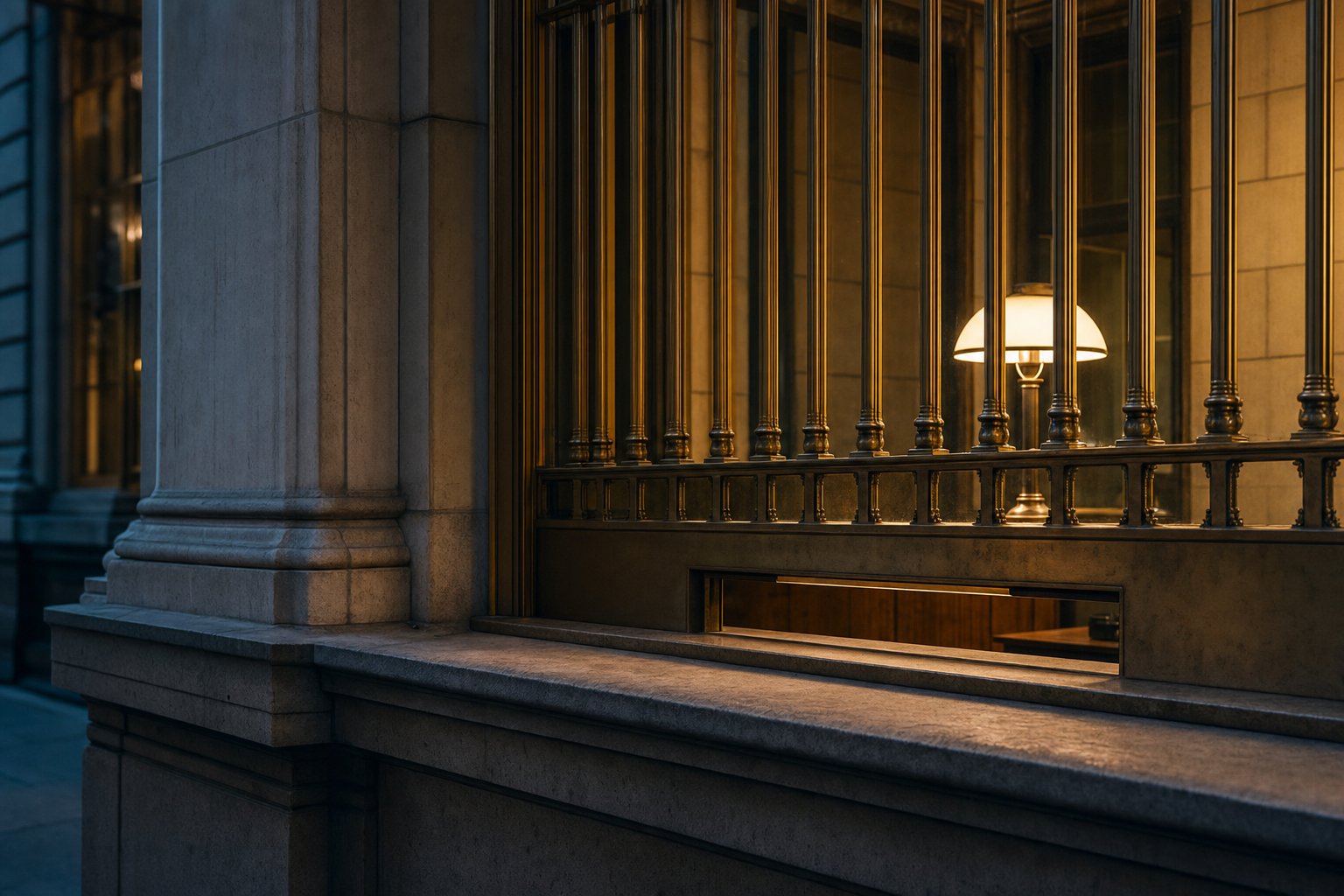 A dark brick office street in London at dusk, one doorway lit