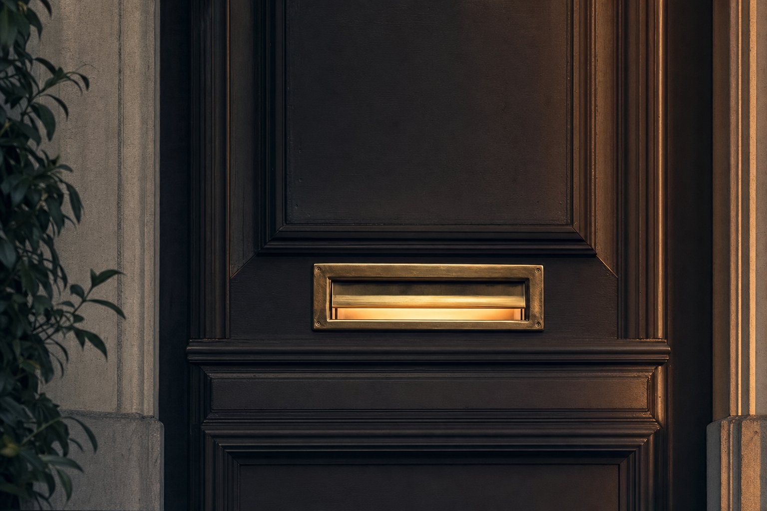 A polished brass letter slot at the centre of a dark painted door, warm light escaping through it