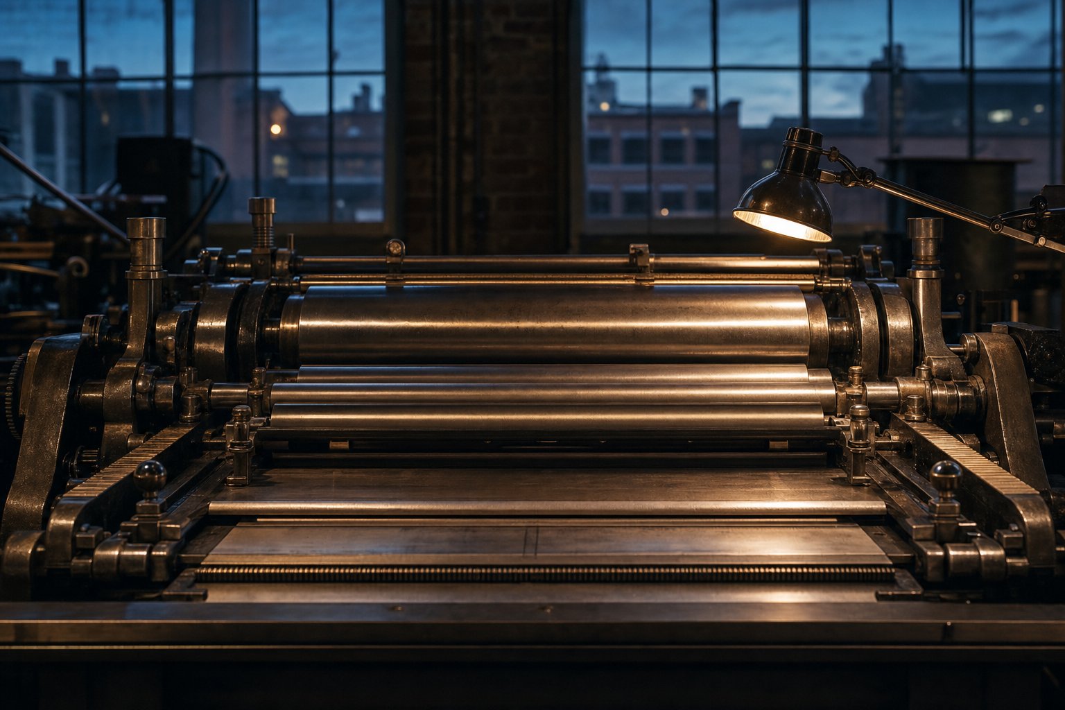 The inked cylinder and rollers of an old flatbed printing press under one work lamp