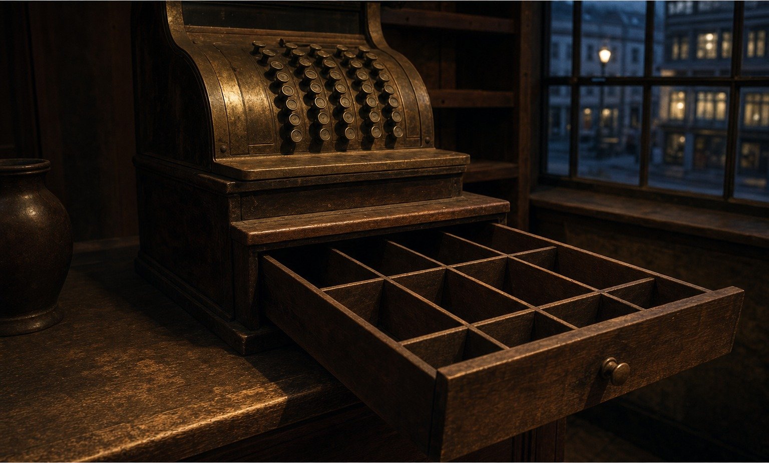 An old shop till with its cash drawer pulled fully open and every compartment empty
