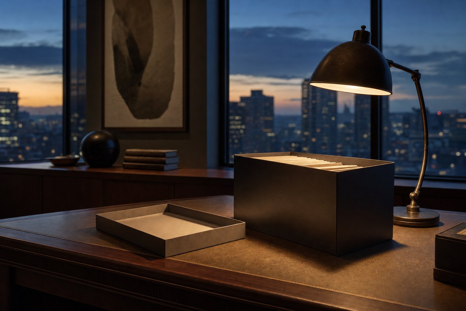 A single archive document box on a desk with its lid lifted off and set beside it