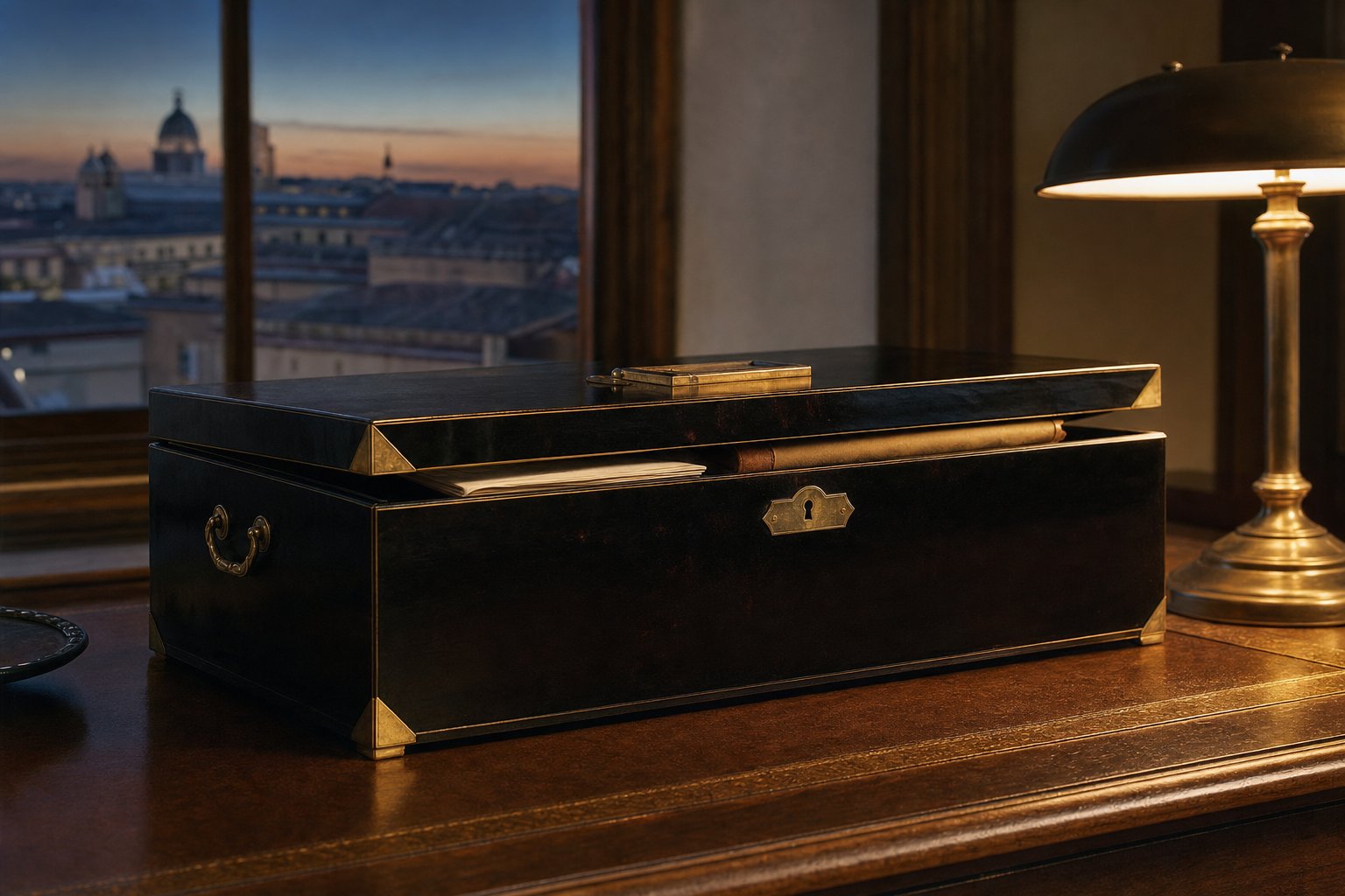 A japanned black deed box on a desk with its lid ajar, folded documents just visible inside