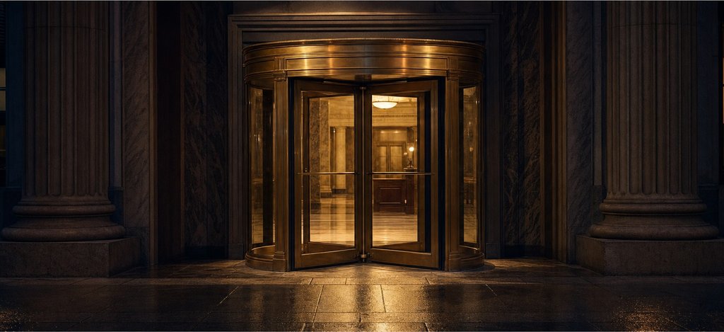 A brass and glass revolving door in an old bank lobby at dusk, warm light spilling onto wet stone