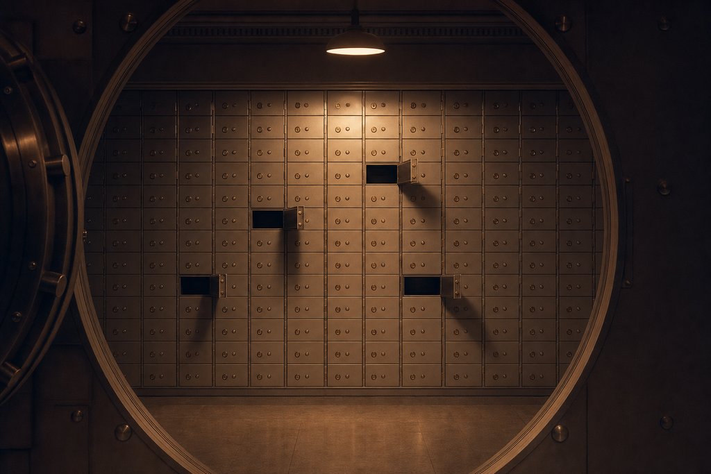 A wall of identical steel safe-deposit boxes inside one vault, three of them standing open