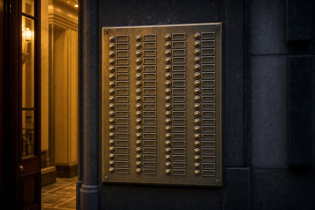 A dense grid of identical brass call buttons on one intercom plate, every nameplate window beside them empty
